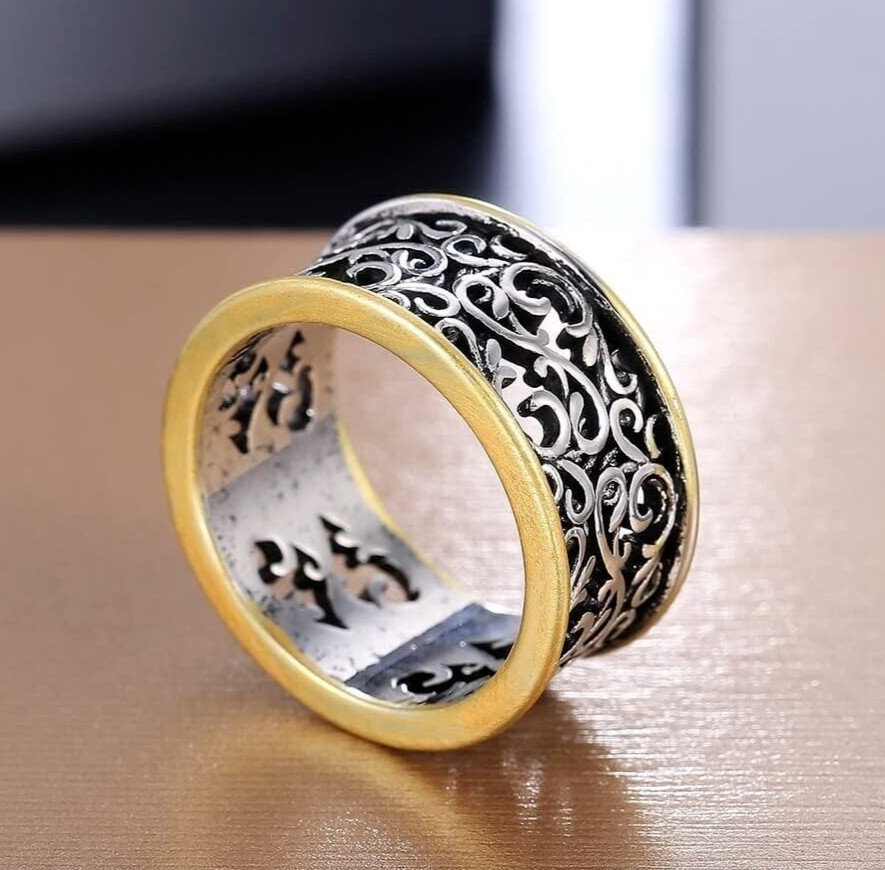 Carved Dainty Wide Antique Vintage Ring Silver plated Old Edwardian Wedding Band