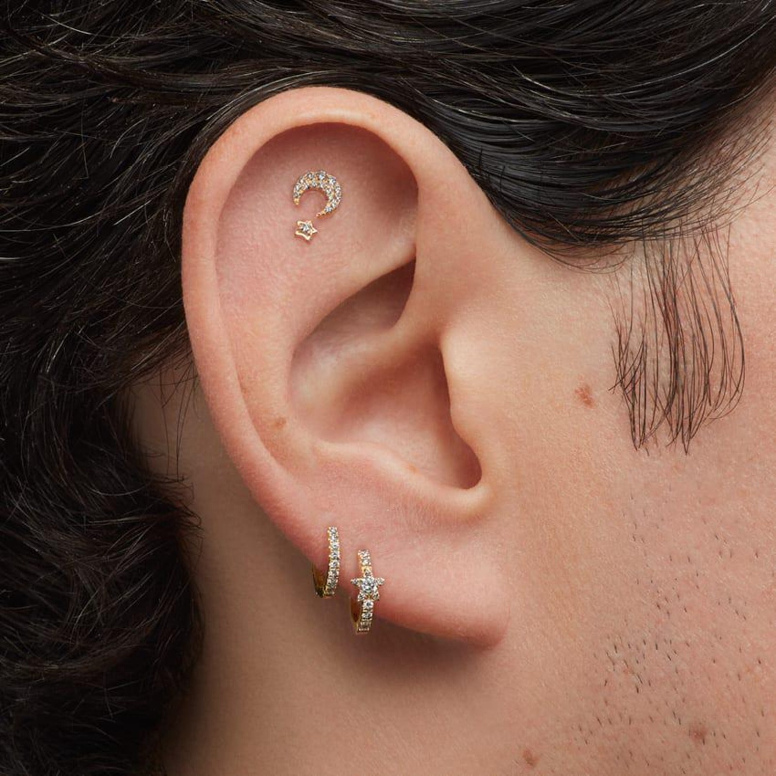 Gold Star Moissanite Helix Cartilage Stud 925 Sterling Silver
