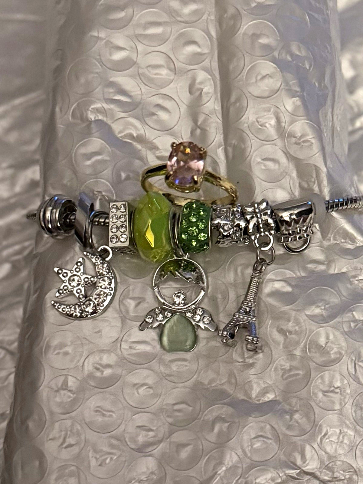Pink ring & Silver Chain Charm Bracelet, Green Crystal Beads Eiffel Tower moon