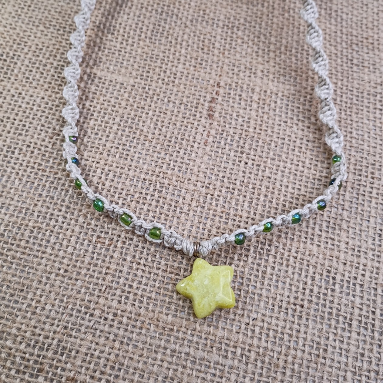 Natural Hemp Necklace w/ Jasper Star Charm & AB Beads, 16 -21 inch Ready to Ship