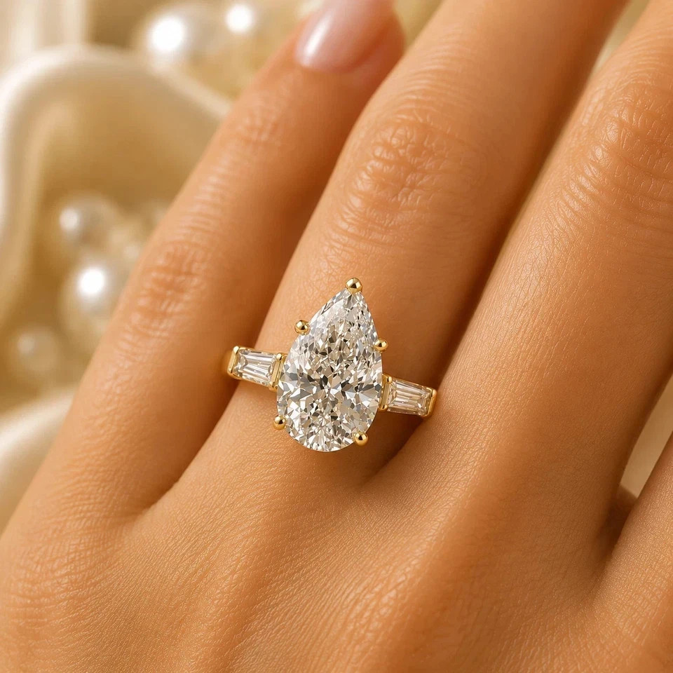 3.20 CT IGI Pear F-VS1 Lab Grown Diamond Women Engagement Ring 14K Yellow Gold