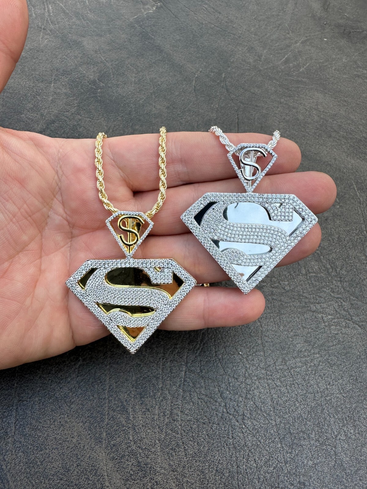 MOISSANITE Real 925 Silver/Gold Plated Iced SUPERMAN Superhero Pendant Necklace