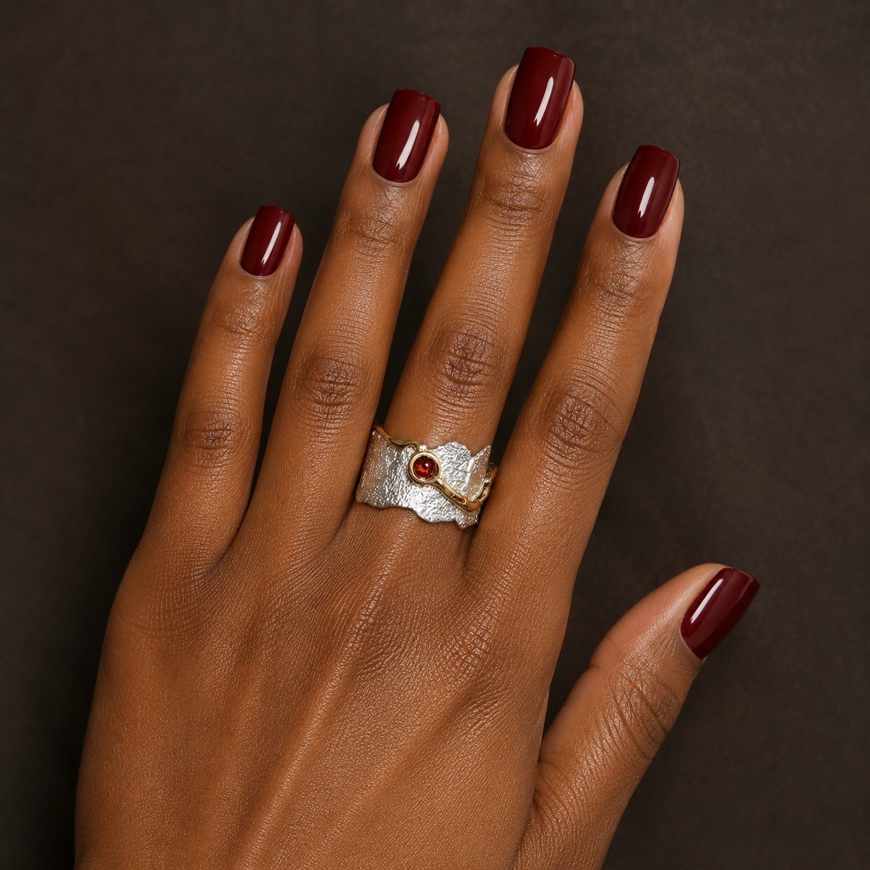 Silver Gold Garnet Ring Sz 7 Sundance Catalog Style Brutalist Artisan Boho CZ