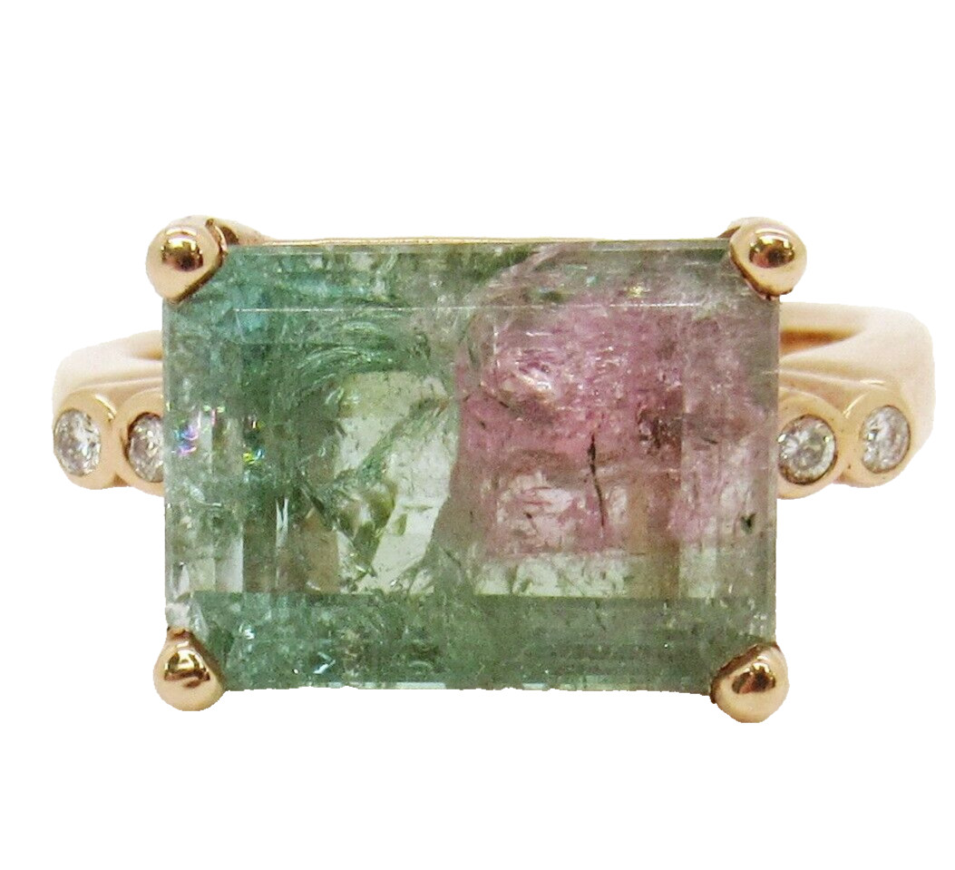 NEW 14k ROSE Gold 7.82CTS Watermelon Maine Tourmaline & Bezel Set Diamond Ring
