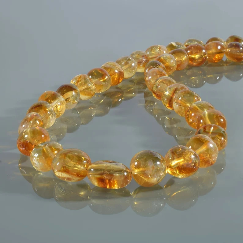Natural Citrine Beaded Necklace 925 Sterling Silver 18″ Handmade Gemstone