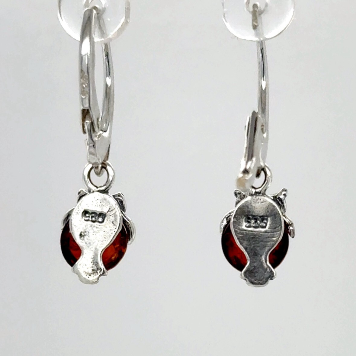 Cognac / Brown BALTIC AMBER Owl Leveback Earrings 925 STERLING SILVER #5573e