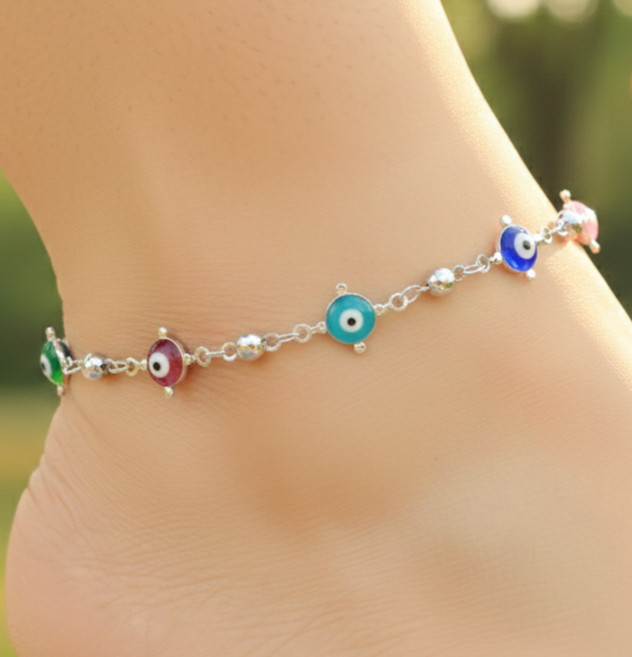 Multi-Color Beaded Evil Eye Anklet Handmade 925 Silver Plated Chain Jewelry