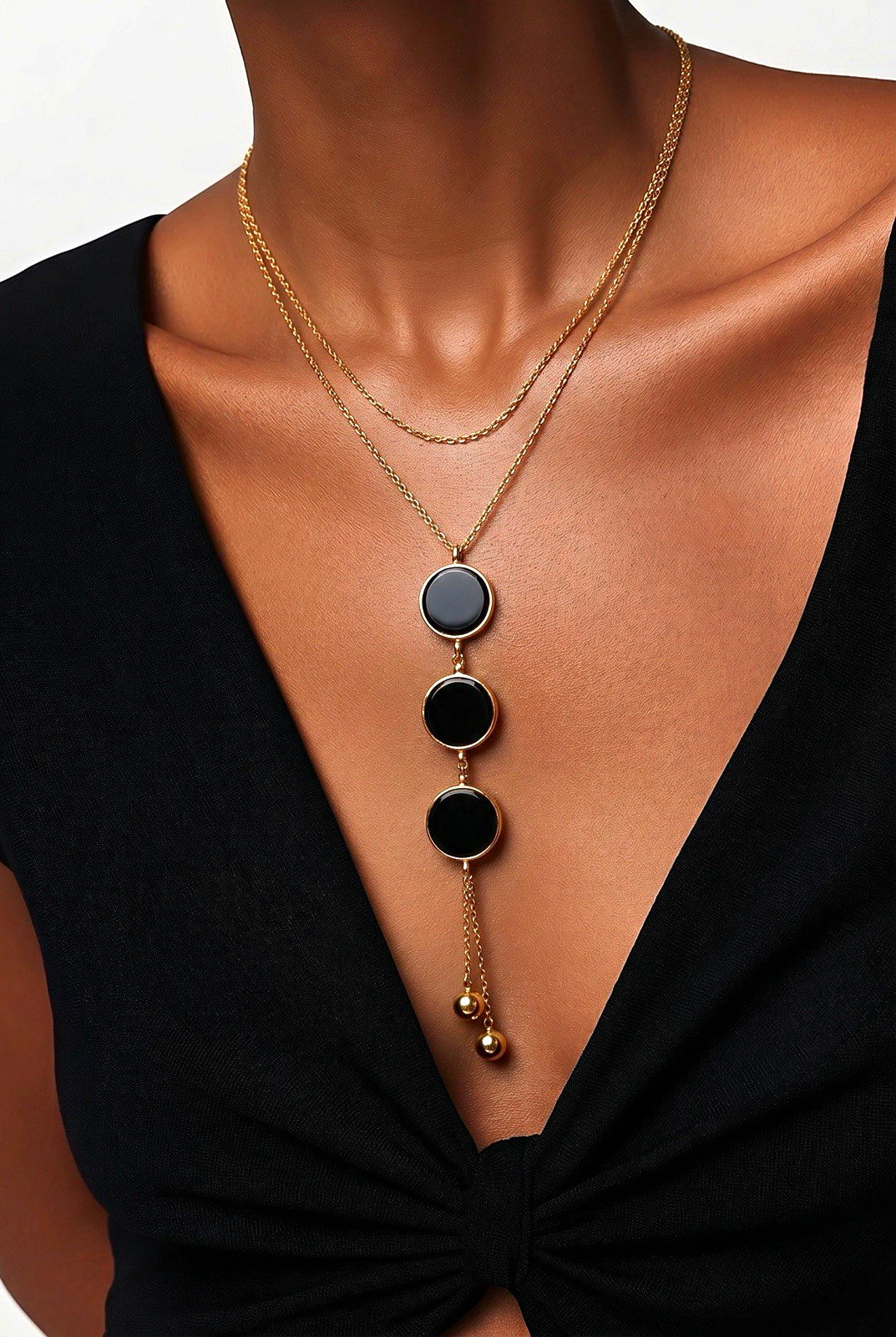 Gold Tone Layered Cable Chain Y-Drop Necklace Black Round Charm Pendants