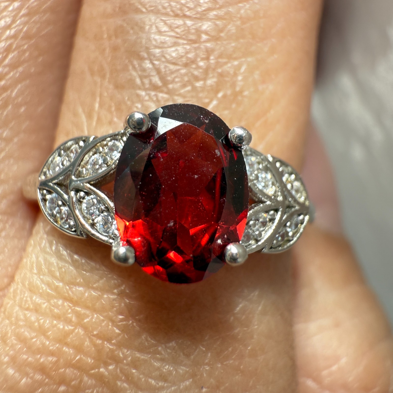 925 Sterling Silver Ring 8x6mm Natural Rhodolite Garnet Gemstone Zircon Flower
