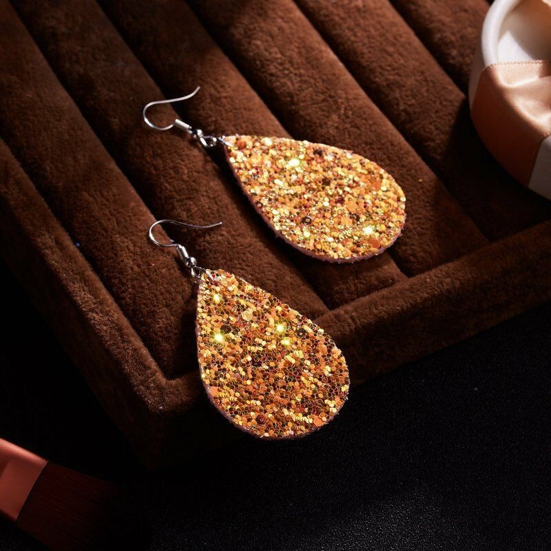 Fashion Jewelry Orange Glitter Faux Leather Fabric Teardrop Hook Dangle Earrings