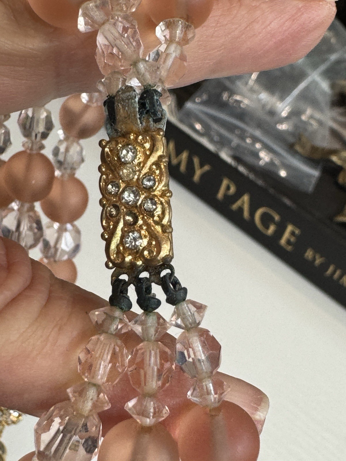 Pink- peach Crystal Necklace & Clip-On Earrings Set w/ Rhinestone Accents