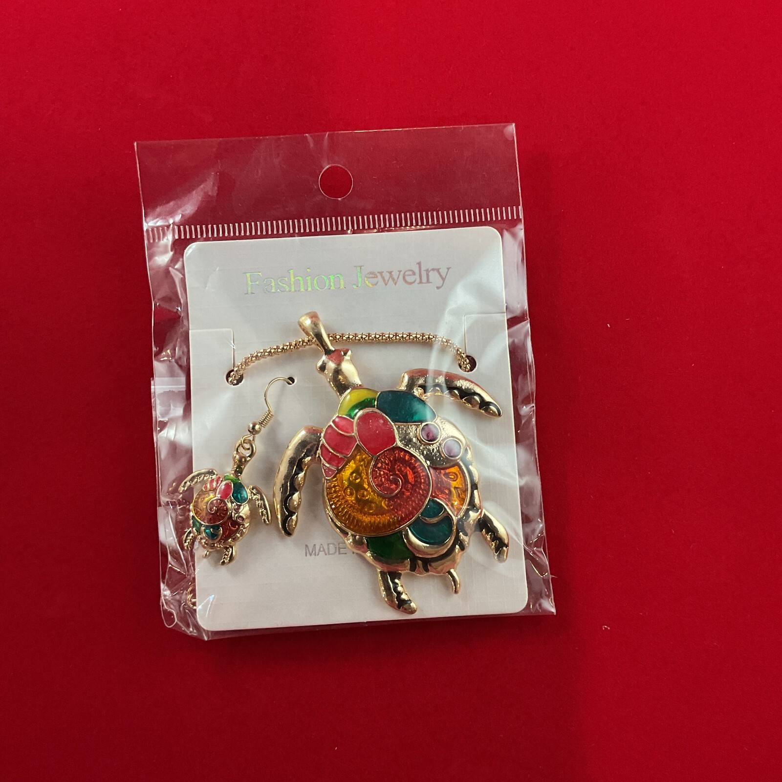 Fashion Jewelry – Gold & Colorful gems – Turtle Earrings and Necklace