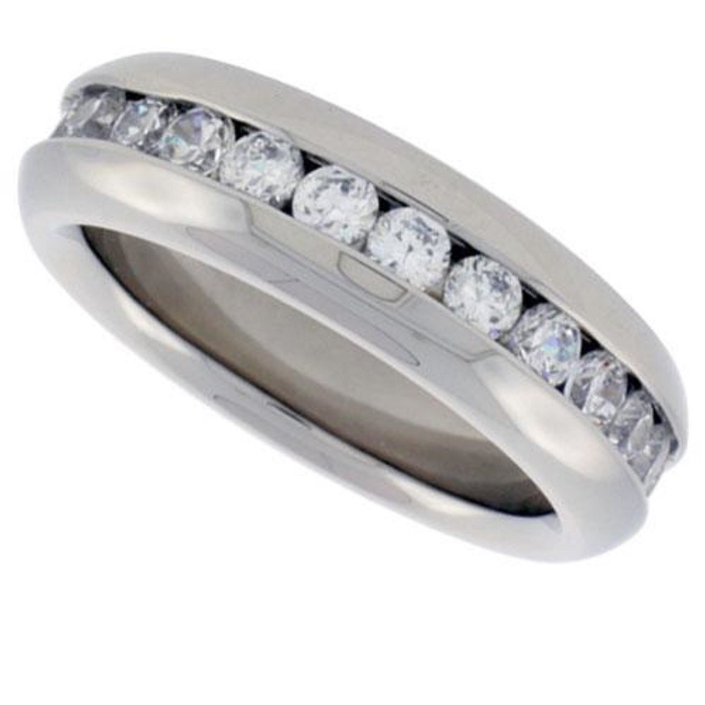 Stainless Steel 3mm Cubic Zirconia Stones Domed Eternity Wedding Band Ring