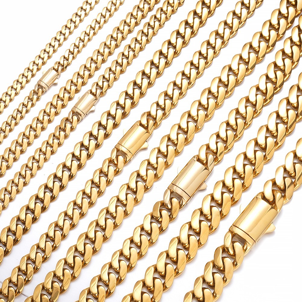 Men’s 6/8/10/12/14mm Gold Color Stainless Steel Miami Cuban Link Chain Necklace