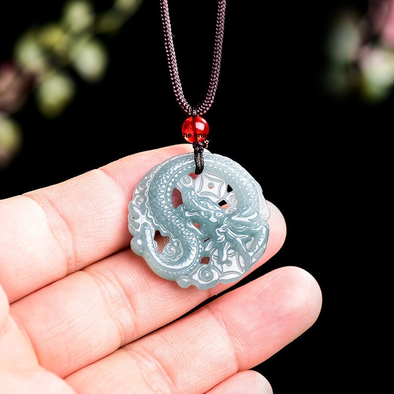 Natural Grade A Jade Jadeite ICY BLUE JADE Special Dragon Round Pendant