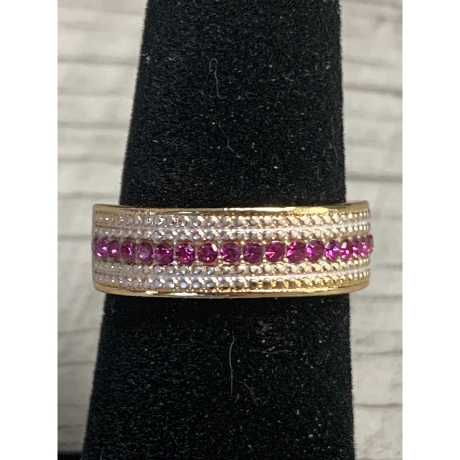 Gold Tone Pink and Clear Stone Triple Row Band Ring Size 6.25 Statement Jewelry