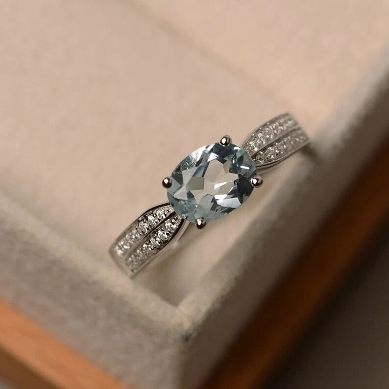 1.37 Ct Oval Cut Natural Aquamarine Diamond Anniversary Ring 14K White Gold