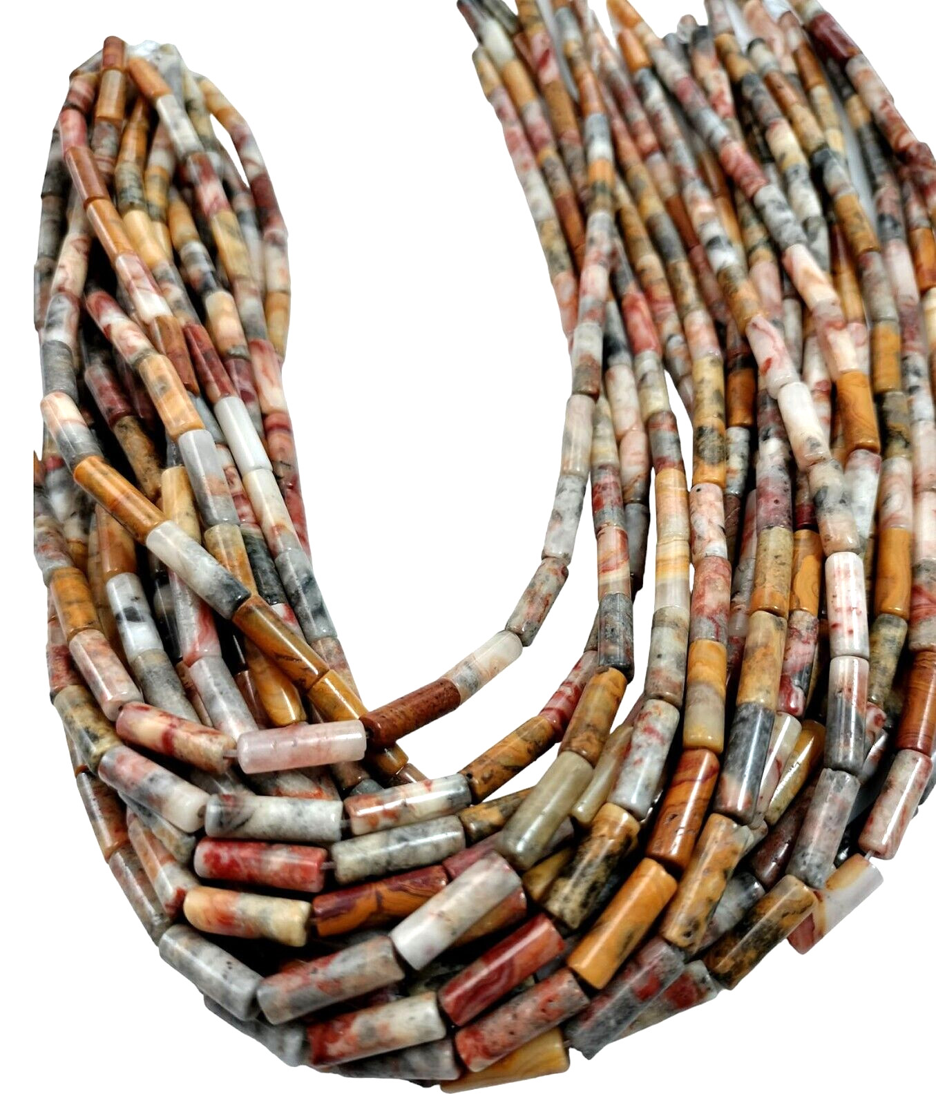 Crazy Lace Agate 4 x 13mm Smooth Tube Beads 15.5″ Strand 28 Beads Multicolor