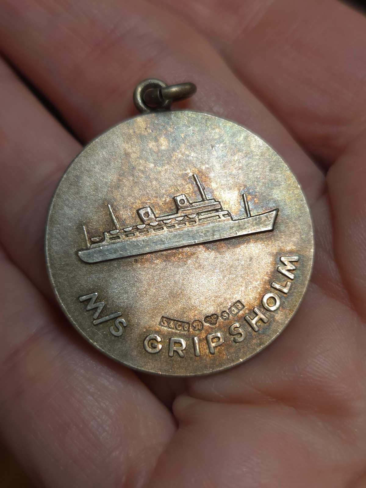 S & Co M/S Gripsholm Ship Souvenir Enameled Sterling Silver Medal Pendant 925