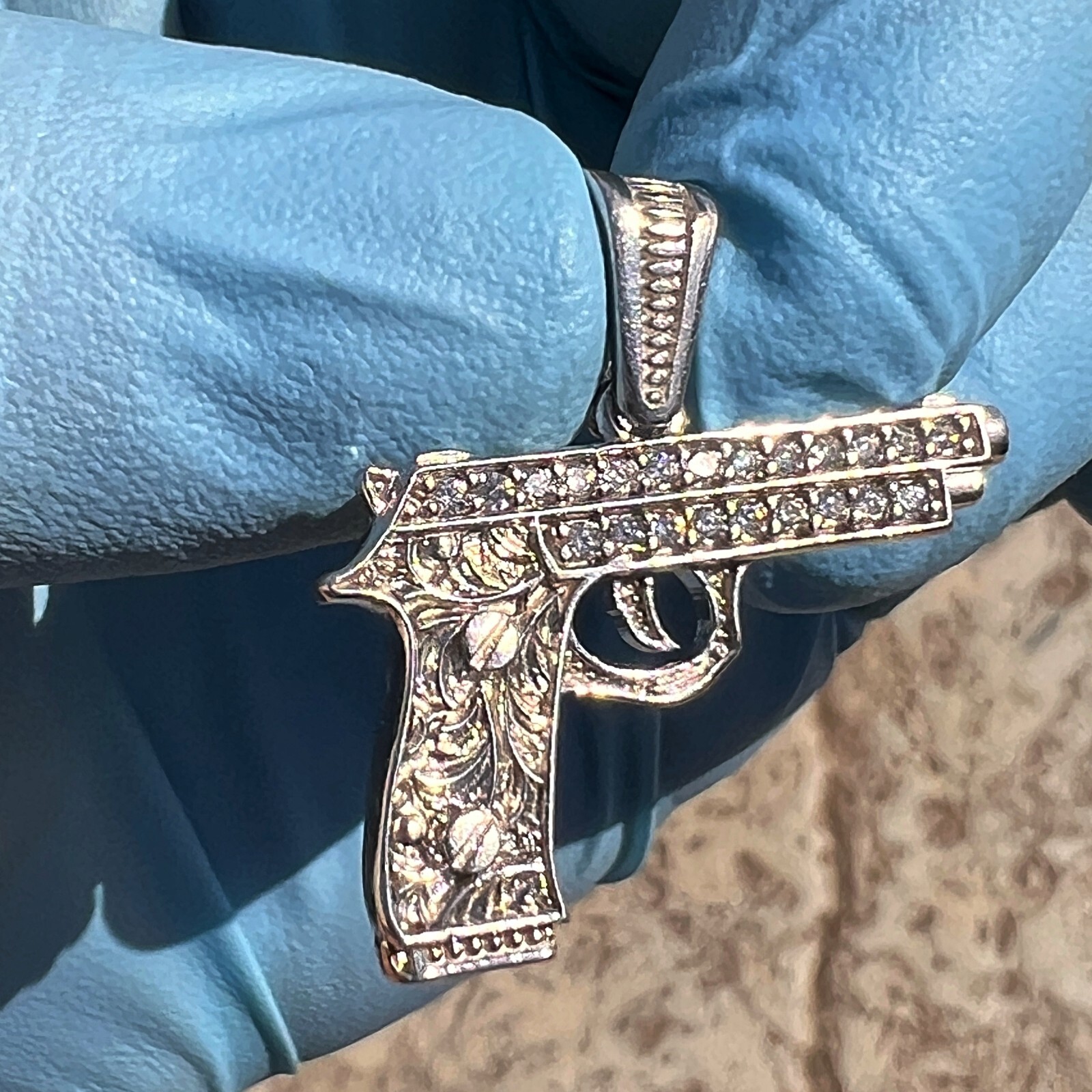 Real Solid 925 Sterling Silver Gun Pistol Scrollwork Engraving Iced CZ Pendant