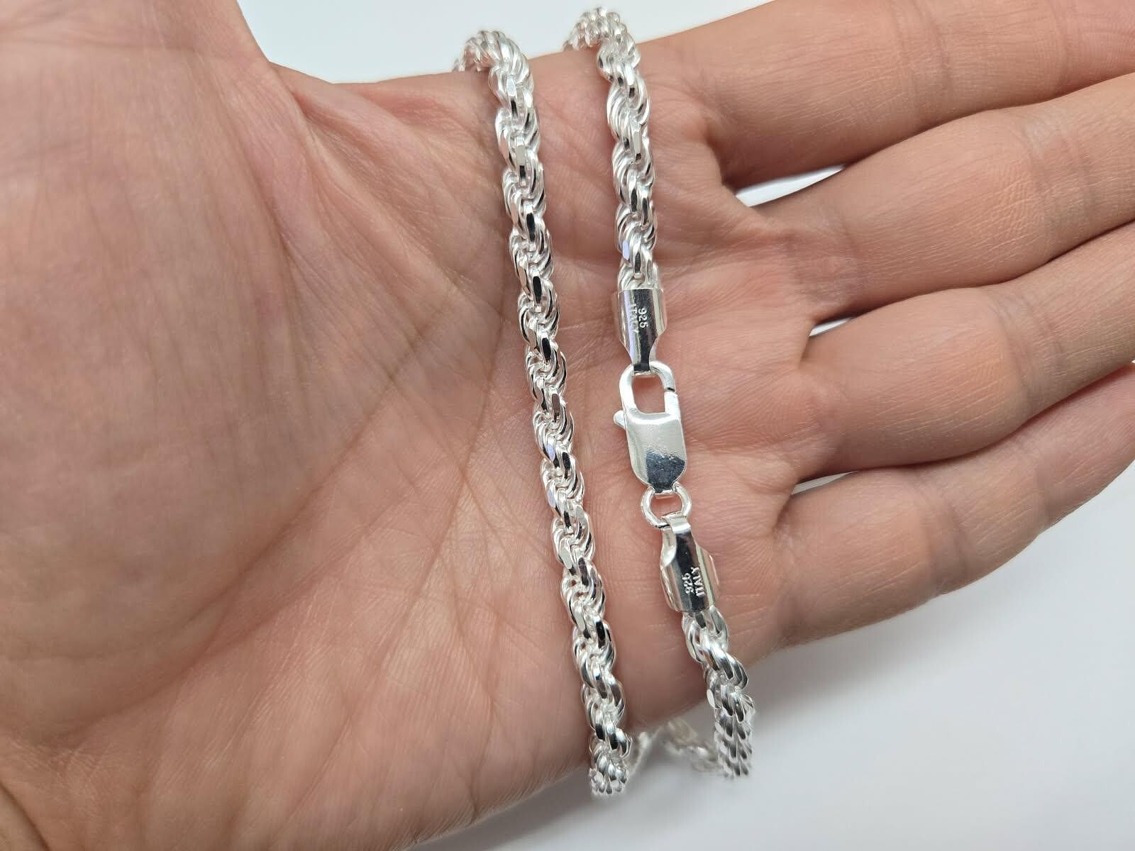 925 Sterling Silver Thick Rope Chain Necklace Diamond Cut 4.5mm 7″ to 30″
