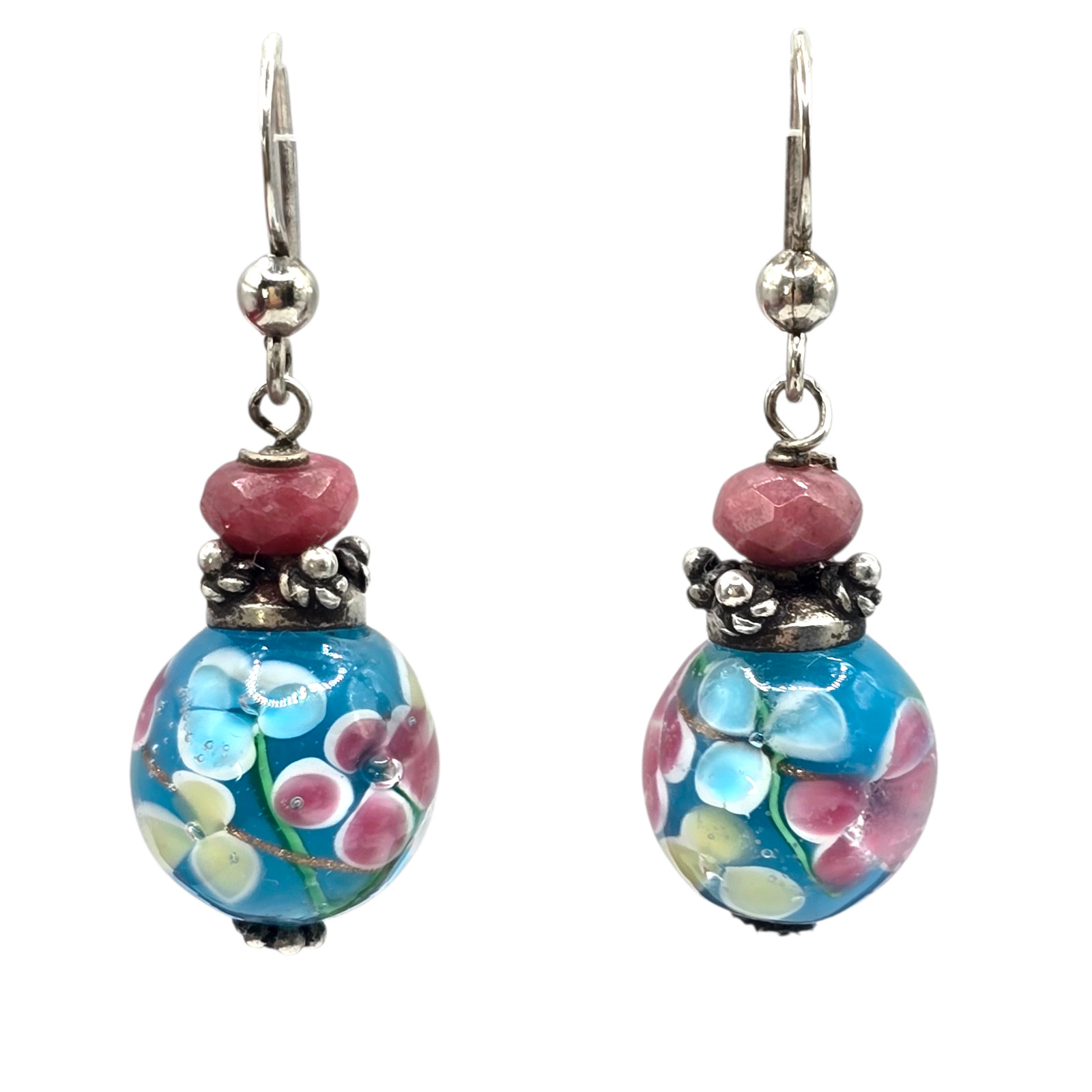 Earrings Lampwork Sterling Silver 925 Accent Dangle Floral Glass Bead Boho S2942