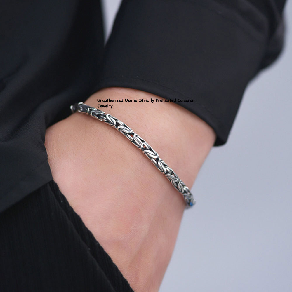 Pure S925 Sterling Silver Chain Men Women 4mm Byzantine Link Bracelet 6.7-8.7inL