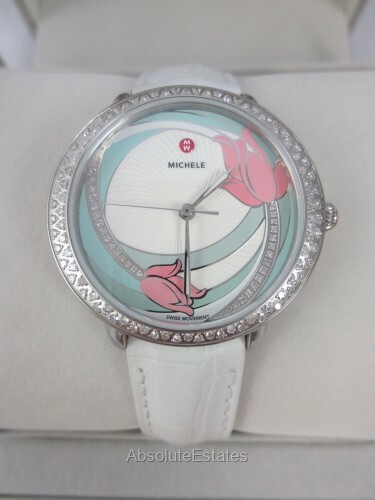 NEW Michele Ltd Ed Serein Mid 16 Diamond Tulip Watch Alligator bd. MW21B01A1990