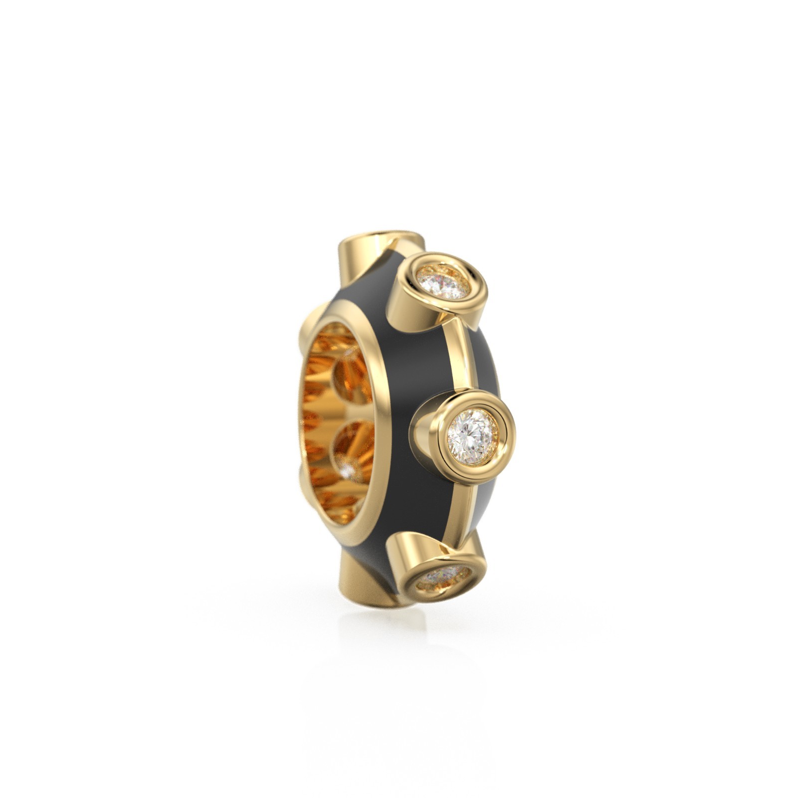 Black Enamel Diamond Solid Gold Charm Bead, Wide Hole Spacer with Bezel Stones