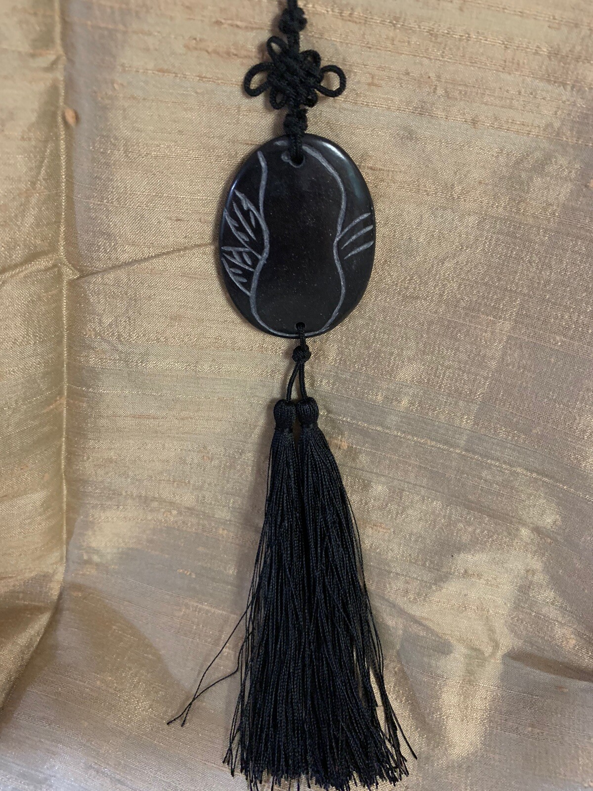 21″ VINTAGE CHINESE EXPORT CARVED BLACK JADE TASSEL PENDANT NECKLACE