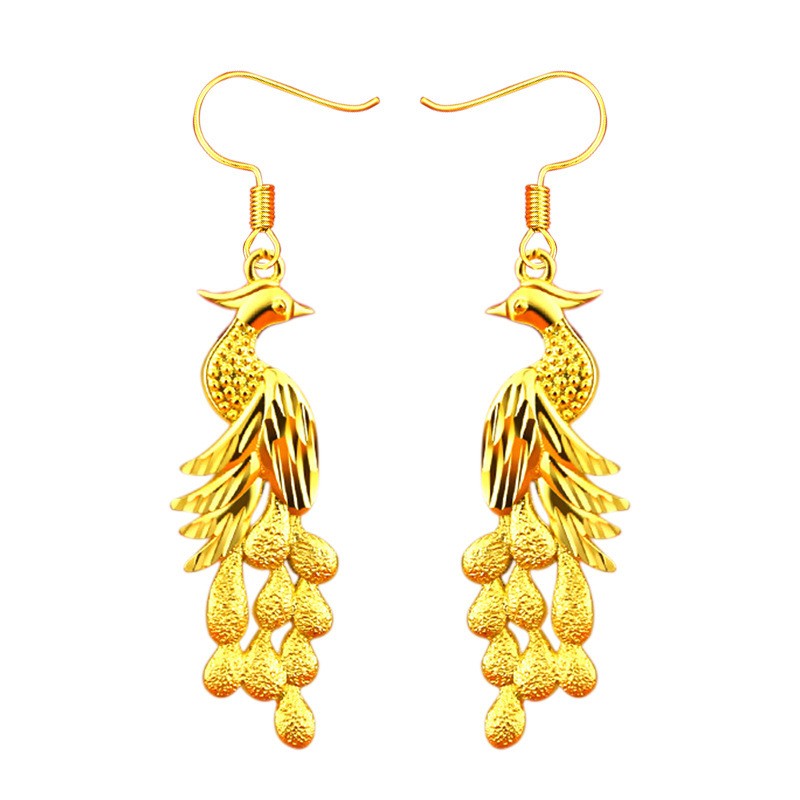 Gold Plated Phoenix Drop Earrings Chinese Wedding Women