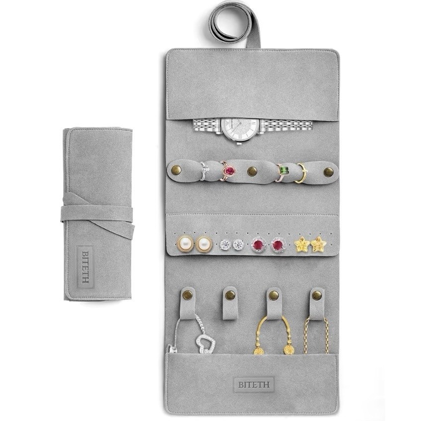 Leather Travel Jewelry Roll Organizer Rings Necklace Watch Case, Gray, BITETH