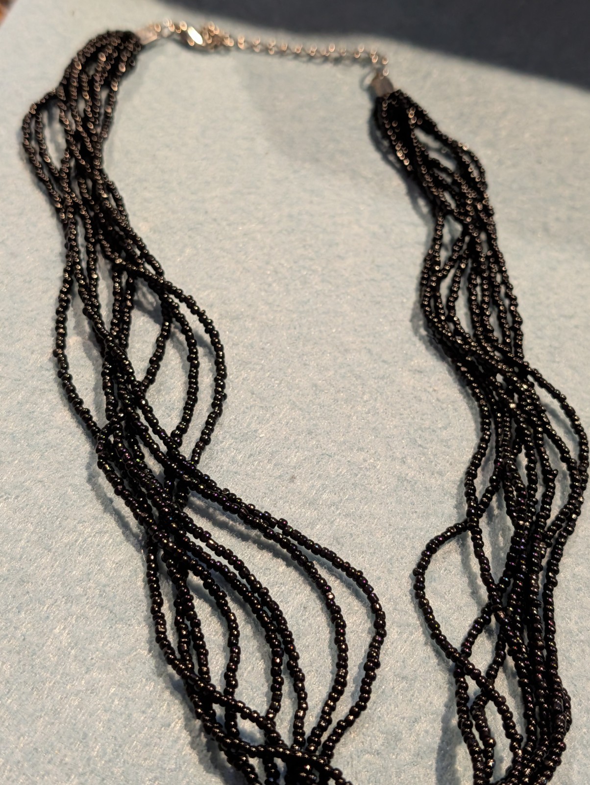 Bllack Seed Bead Necklace Iridescent Square Mother of Pearl Pendant