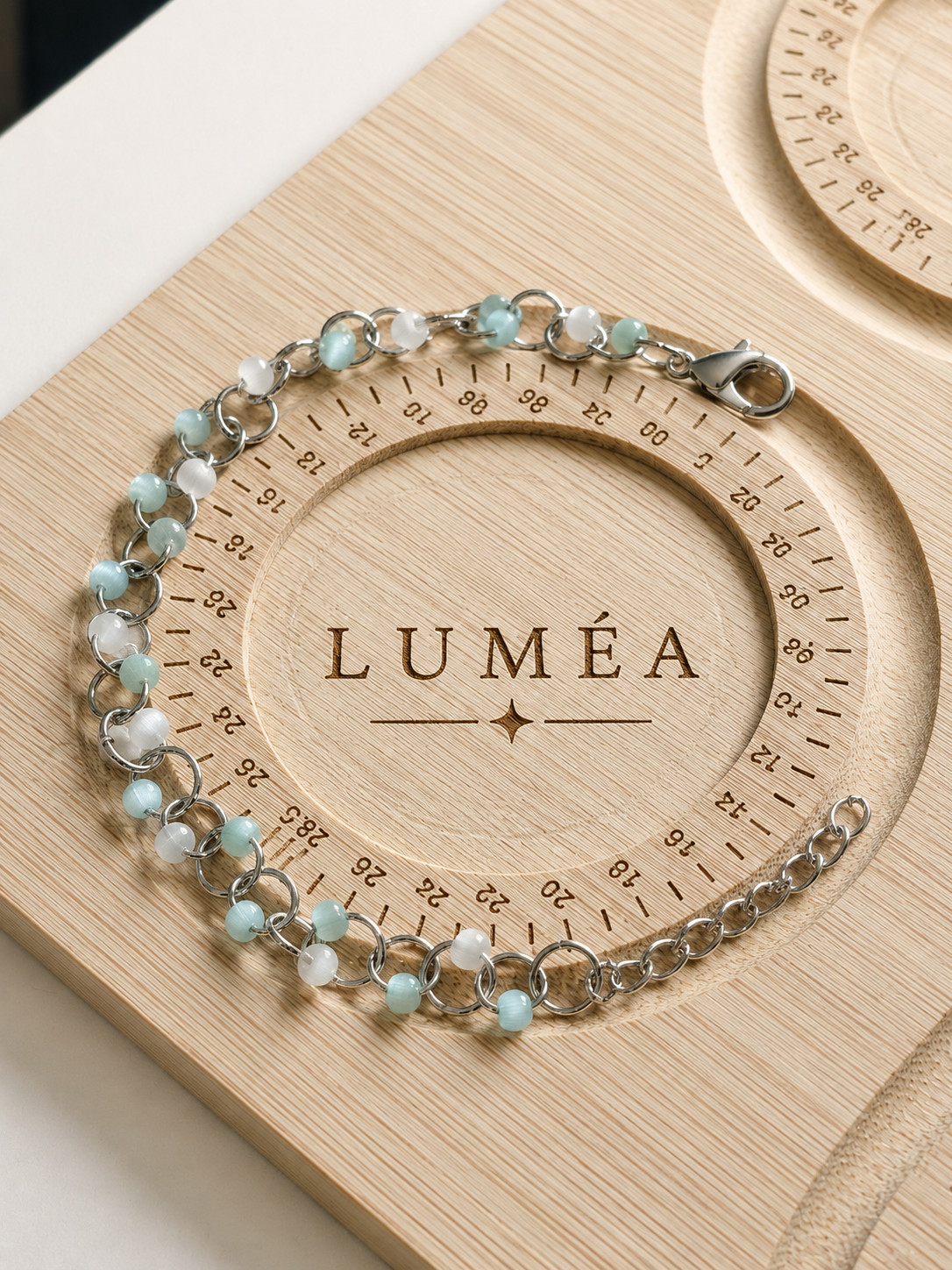 LUMÉA Handmade Cat Eye Glass Bead Bracelet – Aqua Mint & Moon Pearl White