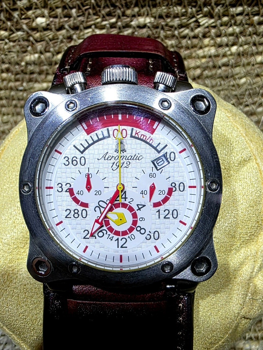 Aeromatic 1912 Men’s Quartz Analog Watch Date White/Red Dial Brown Leather