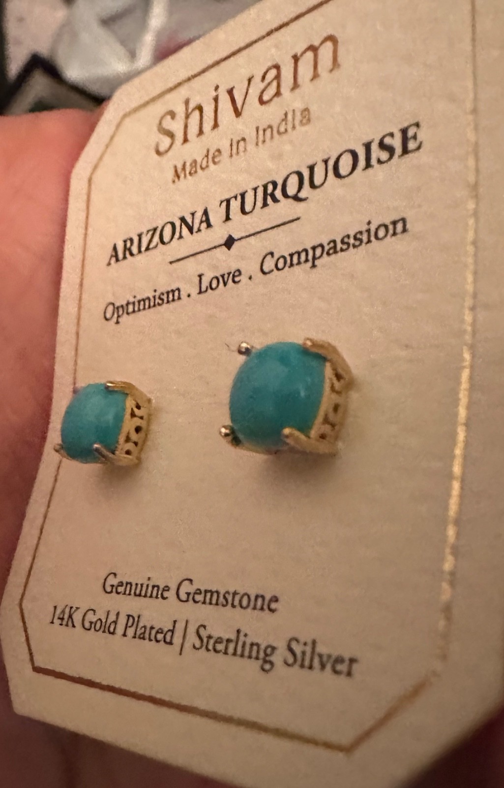 Shivam 14K Gold/Sterling Silver Blue Genuine Arizona Turquoise Stud Earrings~New