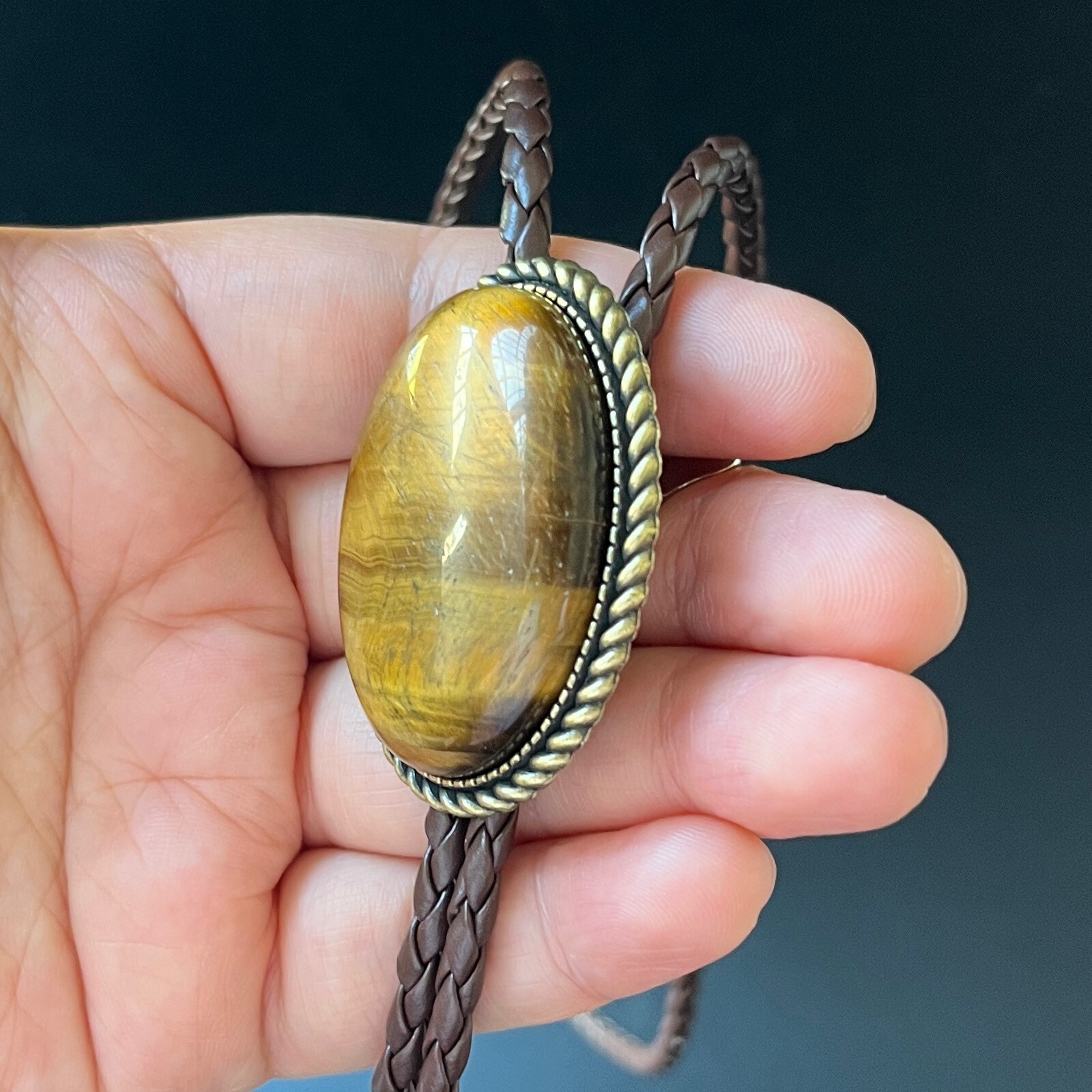 Natural Tiger’s Eye Stone Bolo Tie Western Cowboy Alloy PU Rope Wedding Necklace