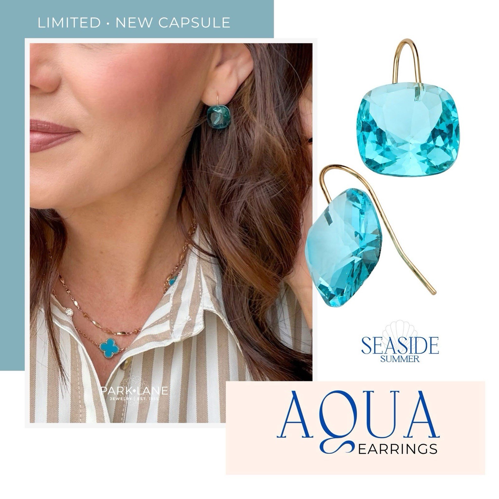 NWT Park Lane AQUA Blue Cushion Cut Crystal GOLD Fishhook EARRINGS Retail $40