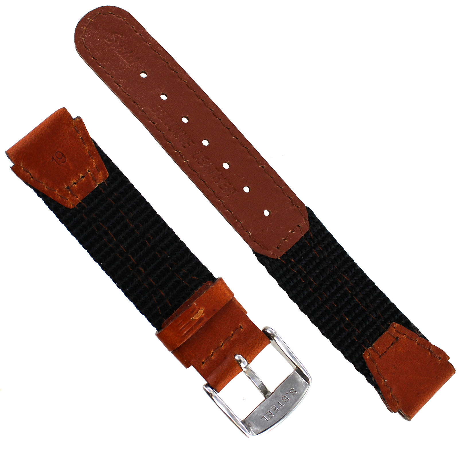 16mm Speidel Hiker Swiss Army Black Nylon Honey Tan Genuine Leather Watch Band