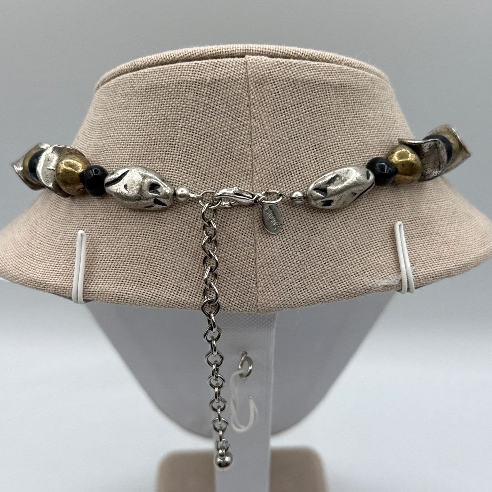 Chico’s Statement Necklace Black Silver Gold Scroll Pendant Boho Tribal Artisan