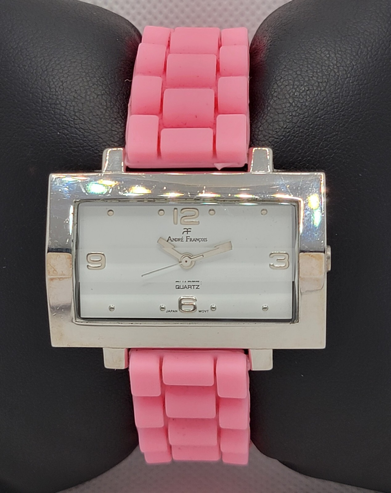 Ladies Andre Francois Rectangle Silver Tone Pink Rubber Band Analog Watch I5