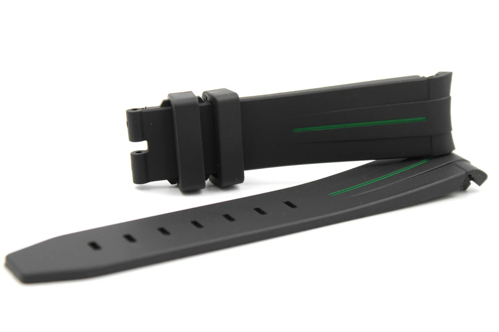 Black TPU Silicone Strap Green Strip 20/18mm Curved Handle Hypoallergenic New