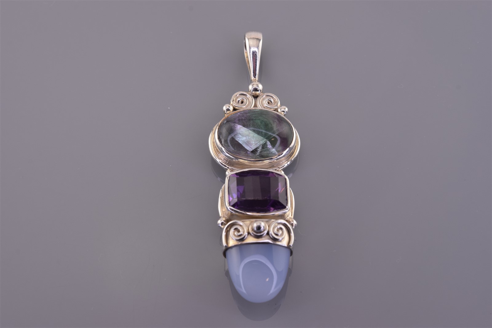 SAJEN Sterling Silver 63mmx 18mm Fluorite Amethyst Quartz Statement 925 Pendant