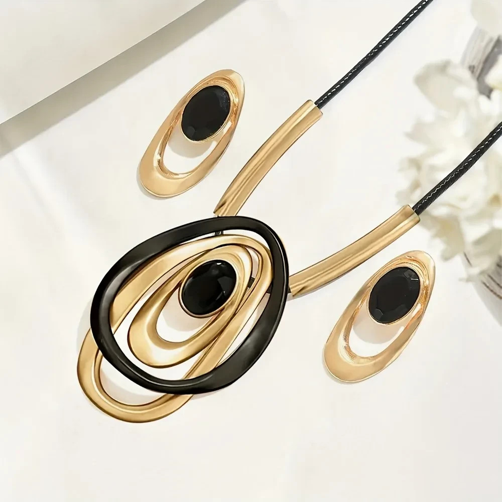 Exaggerated Multi Layer Oval Ring Pendant Necklace Earring Set Women Fashion