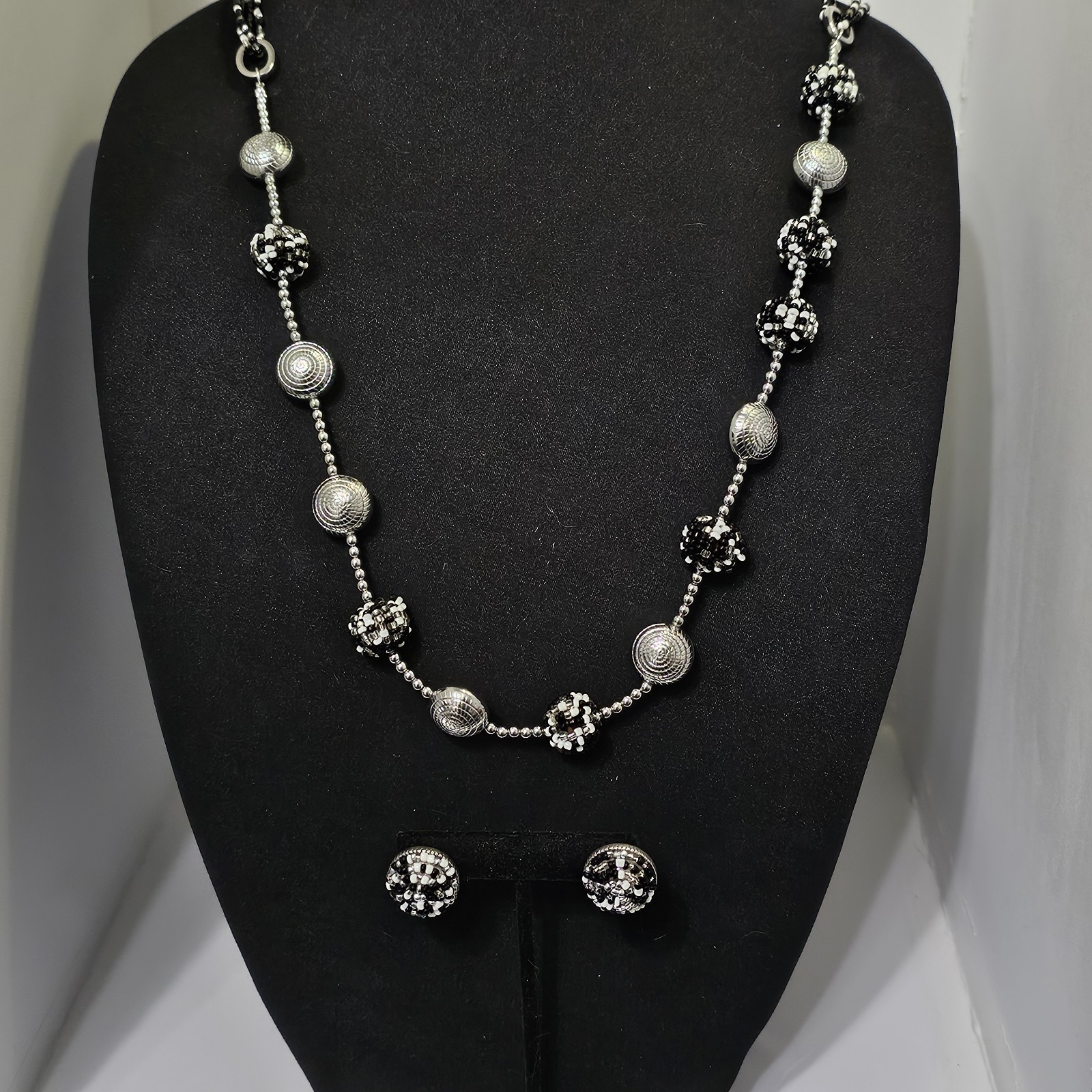 Chicos Signed Black White Beaded Necklace Earrings Set Chunky Statement Silver