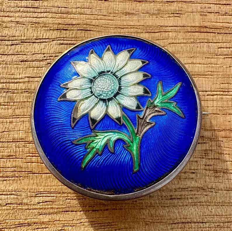 Antique 1916 Sterling Silver Guilloché Enamel Brooch, Daisy on Cobalt Blue
