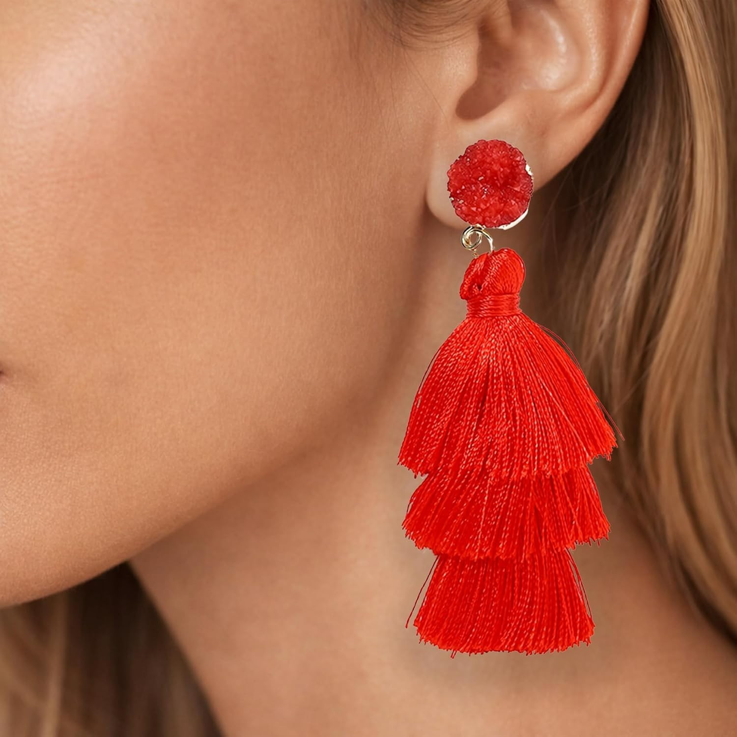Lightweight Red Tassel Earrings for Women – Chic Drop Design, Perfect Gift