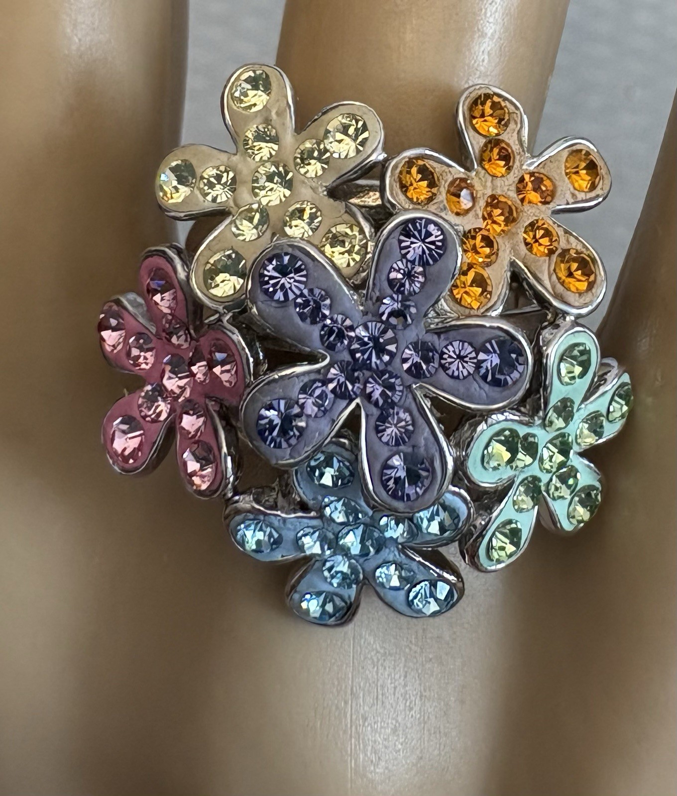 Dramatic Sterling Silver Multi Color Gem Enamel Flower Bouquet Ring 925 size 9.5