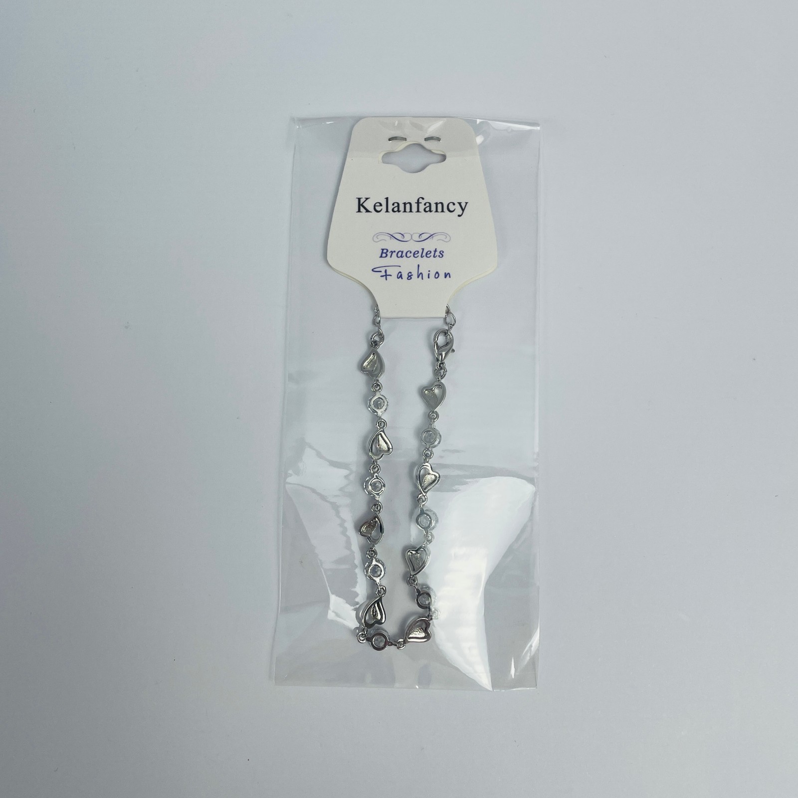 Kelanfancy Silver Tone Heart and Round Rhinestone Link Bracelet