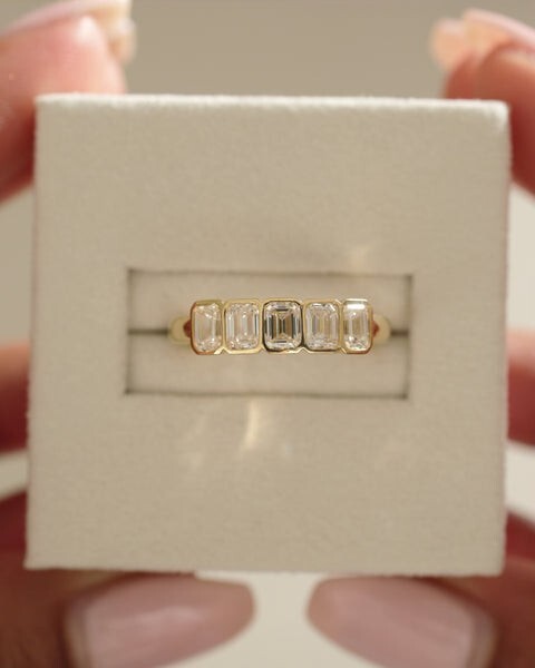 5*3 MM Emerald Cut Moissanite Bezel Set wedding Band, Anniversary Band For wife.